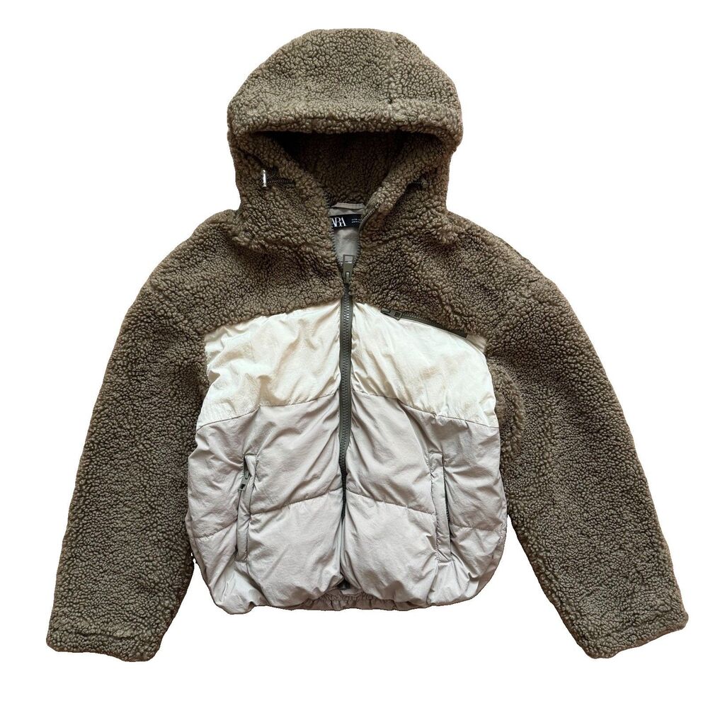 Zara Faux Shearling Puffer Jacket Womens XS Brown Beige Hooded Full Zip Cozy